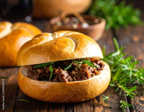 Fototapeta Hearty savory minced meat bun with fresh rosemary on a rustic wooden table.