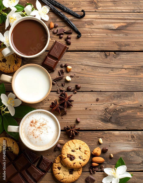 Fototapeta Hot drinks, chocolate, cookies, and spices on rustic wooden table, top view.