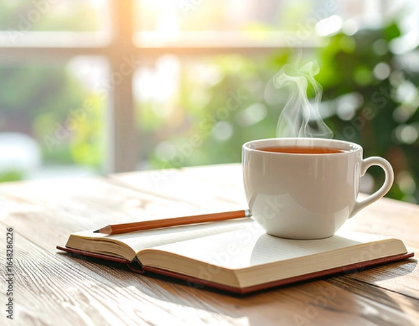 Fototapeta Hot tea cup and open book on a wooden table by a window.