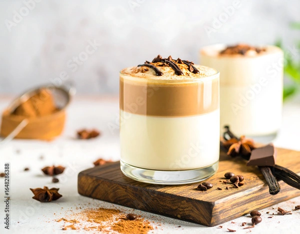 Fototapeta Layered coffee drinks with chocolate, spices, and a sieve on a wooden board.