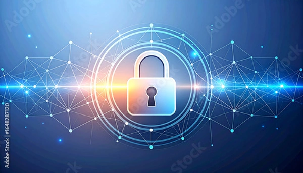 Fototapeta padlock icon within a glowing network of interconnected nodes and lines against a dark blue, futuristic background with a central light flare.