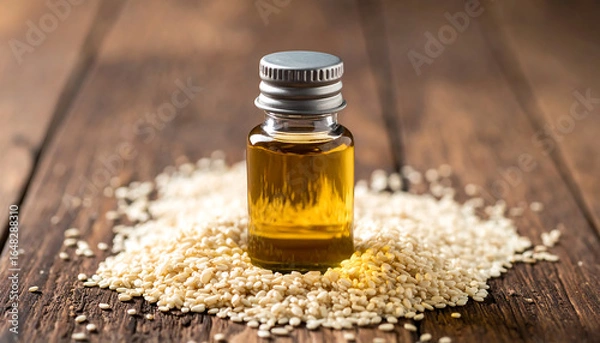 Fototapeta Small bottle of golden sesame oil on a bed of sesame seeds and rustic wooden table.