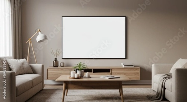 Fototapeta A serene, minimalist living room featuring neutral tones and a blank television screen wall art.