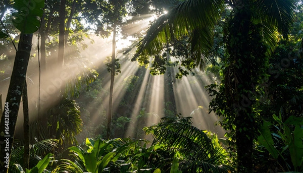 Fototapeta Sunlight streams through a lush, misty forest, creating beautiful, ethereal light rays.