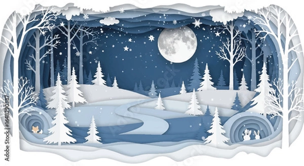 Fototapeta Paper cut snowy forest with animals, moon and stars at night