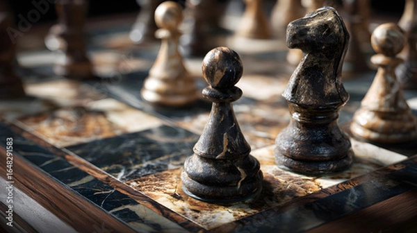Fototapeta Strategic Tension: A Mid-Game Chessboard Snapshot Showcasing a Complex Array of Pieces Engaged in a Battle of Wits, Anticipation, and Tactical Maneuvering