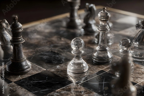 Fototapeta Strategic Tension: A Mid-Game Chessboard Snapshot Showcasing a Complex Array of Pieces Engaged in a Battle of Wits, Anticipation, and Tactical Maneuvering