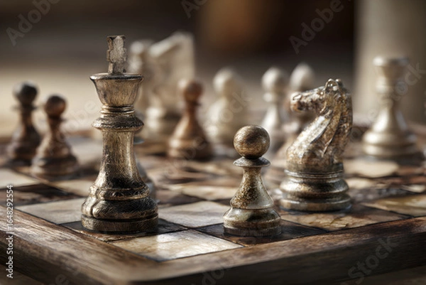 Fototapeta Strategic Tension: A Mid-Game Chessboard Snapshot Showcasing a Complex Array of Pieces Engaged in a Battle of Wits, Anticipation, and Tactical Maneuvering