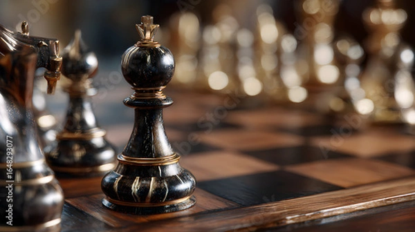 Fototapeta Strategic Tension: A Mid-Game Chessboard Snapshot Showcasing a Complex Array of Pieces Engaged in a Battle of Wits, Anticipation, and Tactical Maneuvering