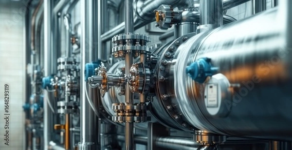 Fototapeta Close-up view of shiny stainless steel industrial pipes and valves in a factory setting conveying a sense of precision and advanced technology