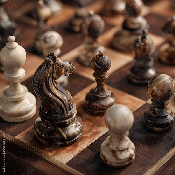 Fototapeta Strategic Tension: A Mid-Game Chessboard Snapshot Showcasing a Complex Array of Pieces Engaged in a Battle of Wits, Anticipation, and Tactical Maneuvering