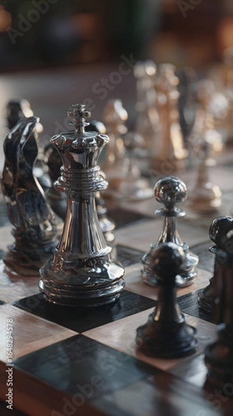 Fototapeta Strategic Tension: A Mid-Game Chessboard Snapshot Showcasing a Complex Array of Pieces Engaged in a Battle of Wits, Anticipation, and Tactical Maneuvering