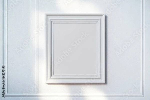 Fototapeta Empty white ornate rectangular picture frame hanging on textured white wall with soft shadows