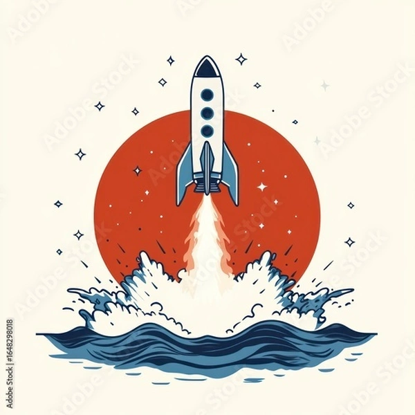 Fototapeta Illustration of a rocket launching vertically from the ocean with fire and splash against a large red circular background surrounded by stars