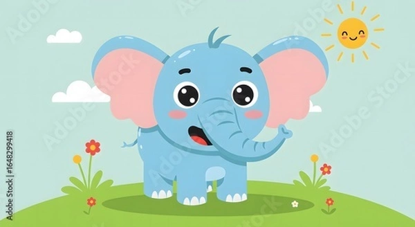 Fototapeta A cartoon elephant standing on green grass with flowers under a smiling sun and white clouds