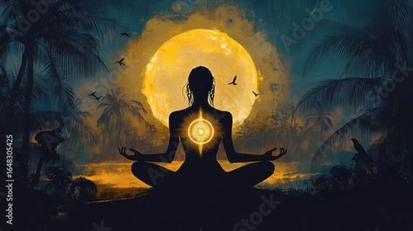 Fototapeta Silhouette of a person meditating in lotus pose under a large glowing full moon with a radiant symbol at the chest, surrounded by palm trees and flying birds at dusk