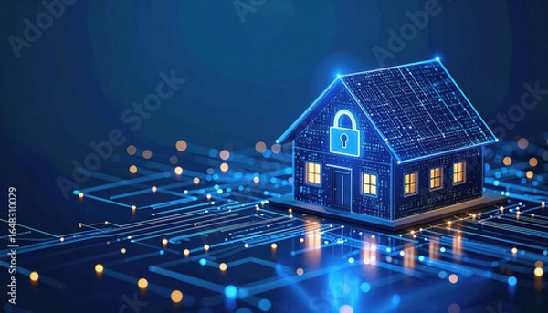 Fototapeta Modern house with a striking glowing blue roof illuminated at night creating a secure encrypted home network