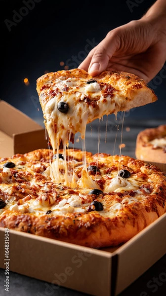 Fototapeta Cheese Pizza with Olives in Delivery Box – Stretchy Melted Cheese as Slice is Lifted