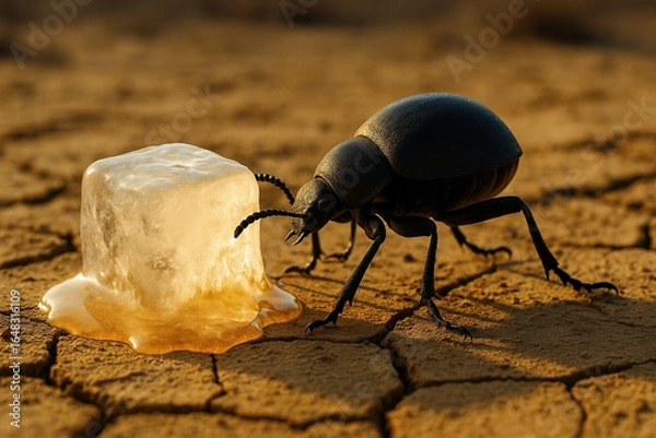 Fototapeta A close-up of a black beetle pushing a partially melted ice cube across cracked, dry desert ground under warm, golden sunlight - Generative AI