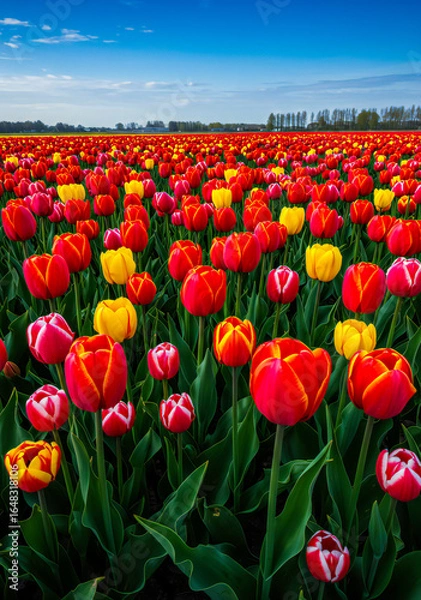 Obraz Tulip Field Landscape with Soft Wind and Clear Blue Sky
