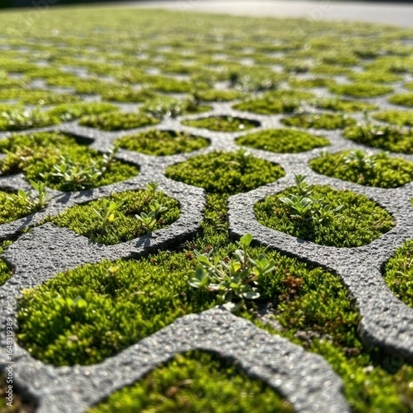 Fototapeta Interlocking paving stones with vibrant moss providing natural drainage and ecosystem support