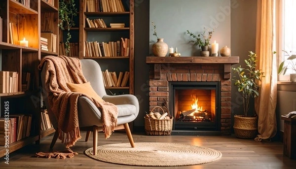 Obraz Cozy corner with fireplace and bookshelves