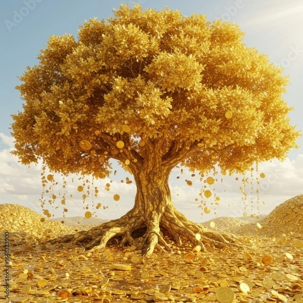Fototapeta A conceptual rendering of a gold coin tree symbolizing wealth prosperity and abundance