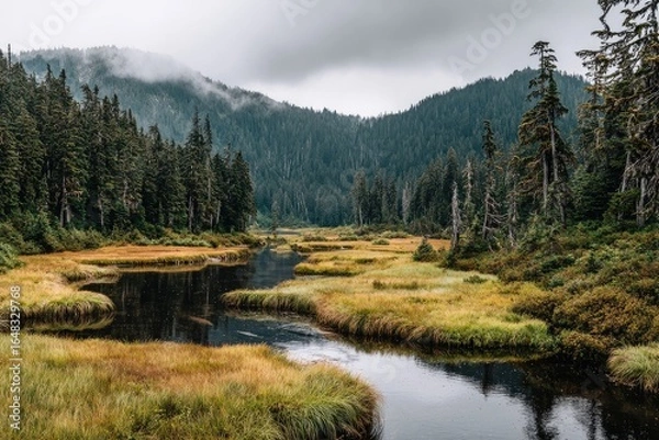 Fototapeta Misty mountain valley with a stream winding through a marsh