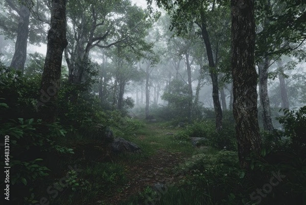 Fototapeta Misty forest path, dense trees