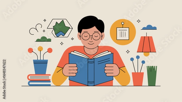 Fototapeta Person Reading Book at Desk with Plants and Decor