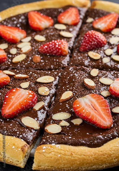Fototapeta Sweet dessert pizza with chocolate spread, fresh strawberries, and almond slices