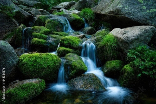 Obraz Mountain stream cascading over mossy rocks (2)