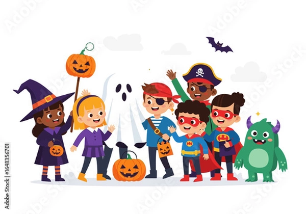 Fototapeta Children dressed in halloween costumes pose with pumpkins and a ghost. Perfect for spooky themed websites, halloween party invitations, or childrens halloween product ads.