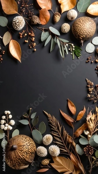 Fototapeta Autumnal still life composition with botanical elements on dark background