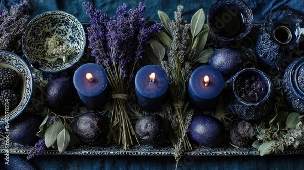 Obraz Dark blue table setting with lavender, candles, and berries