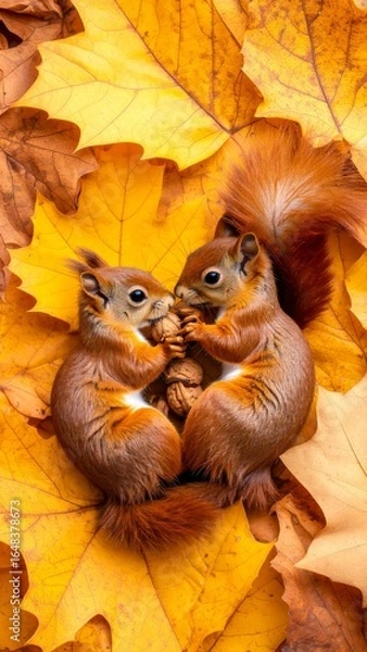 Fototapeta Squirrel sharing a nut on a bed of autumn leaves captures a cozy scene