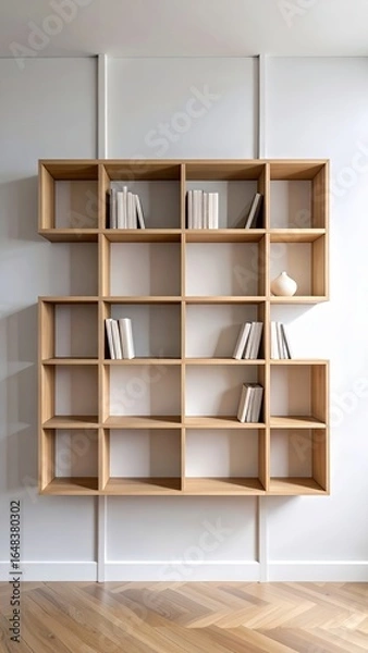 Fototapeta Modern minimalist wall-mounted bookcase with geometric compartments and subtle books