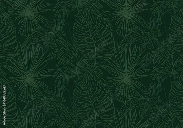 Obraz Elegant line drawing of tropical jungle leaves on a dark green background, a seamless exotic foliage pattern.