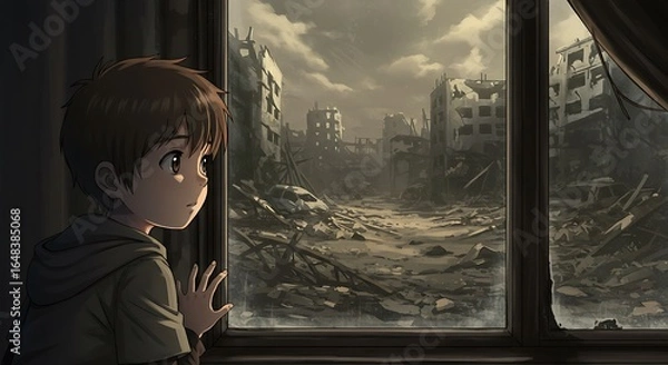 Obraz Animated boy looking at destruction aftermath through window illustration