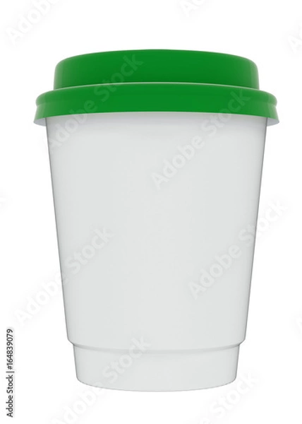 Fototapeta 3D illustration of a mockup cardboard cup of coffee or tea to takeaway with green plastic cap. With shadow on white background