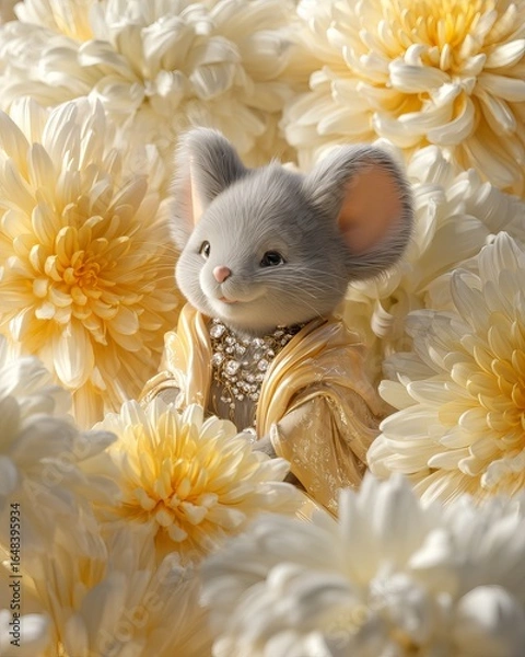 Fototapeta Royal Mouse in Chrysanthemum Garden – Elegant cartoon mouse dressed in ornate gold robe and diamond necklace, surrounded by blooming white and golden chrysanthemums in a dreamy fairytale scene.