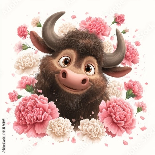 Fototapeta Smiling Ox with Carnations – A fluffy cartoon ox with warm brown fur and a kind smile, surrounded by pink and cream carnations. Perfect for spring decor, Taurus zodiac gifts.