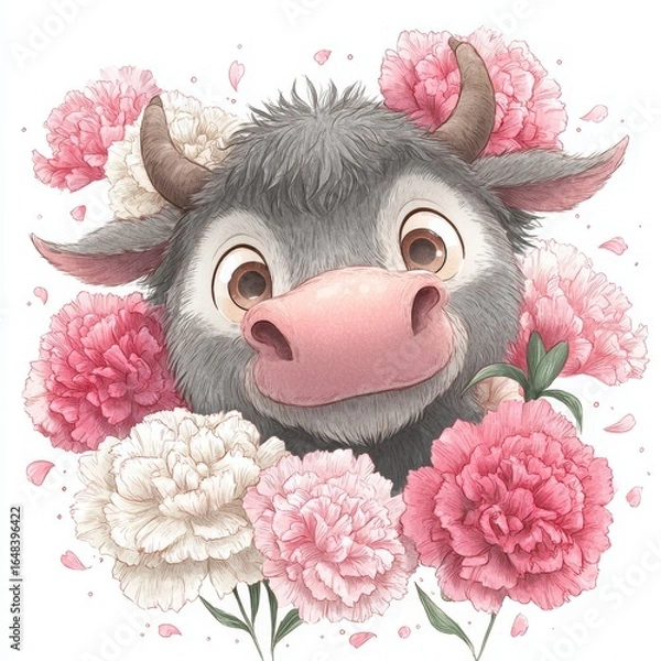 Fototapeta Adorable Ox with Carnations – A fuzzy cartoon ox with big eyes and a friendly expression, surrounded by pink and white carnations. Hand-drawn watercolor style, perfect for children's products