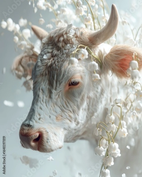 Fototapeta White Taurus Spirit & May Lily – A soft photorealistic ox head adorned with lily of the valley blooms. A serene tribute to May’s zodiac and birth flower, blending purity, peace, and nature.