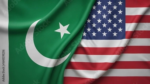 Fototapeta Elegant Pakistan and USA flags draped together, symbolizing strong diplomatic ties and international cooperation in a professional, modern presentation