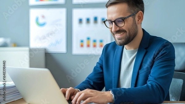 Fototapeta Confident businessman in sharp blue blazer smiling while working on laptop amidst modern office analytics displays charts and graphs presenting successful results