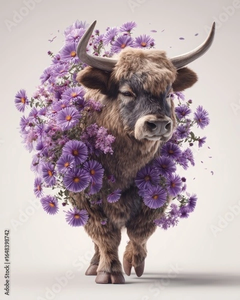 Fototapeta Noble Walk Among Asters | A photorealistic ox striding through vibrant purple aster flowers. Calm, proud, and surrounded by soft petals. Perfect for autumn, strength, and mindfulness themed visuals.