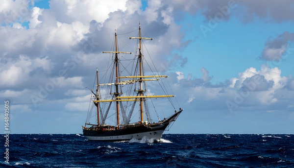 Fototapeta Majestic Tall Ship Sailing on the Open Sea under Dramatic Clouds