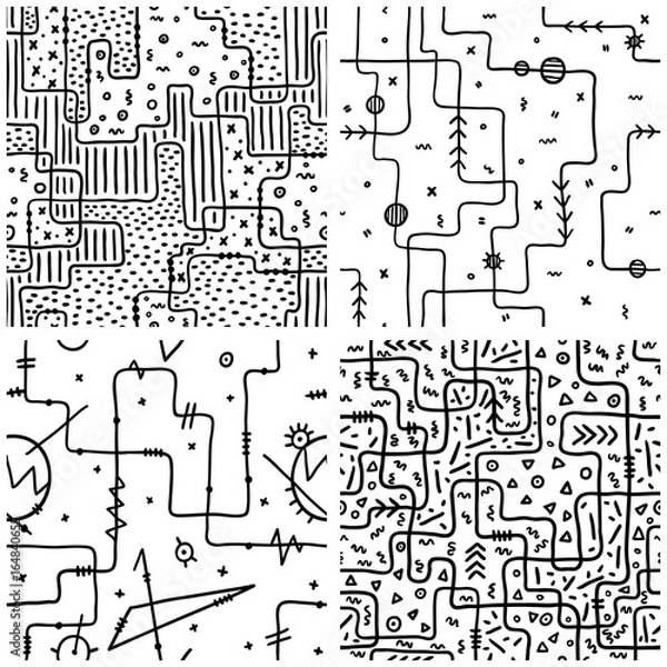 Fototapeta Vector kit of black and white seamless abstract patterns. Set of backgrounds of geometric shapes, zigzag lines and simple shapes. Ornament print for fabrics or packaging.