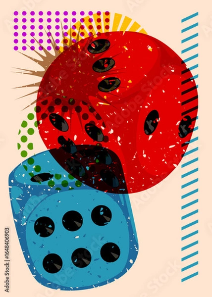 Fototapeta Risograph dice with geometric shapes. Objects in trendy riso graph print texture style design with geometry elements.